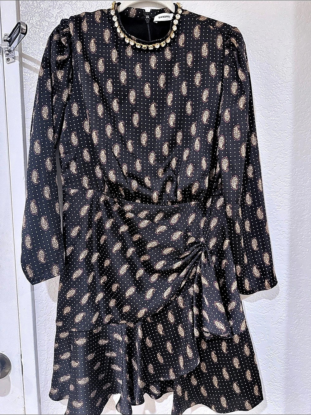Sandro Paisley-Print Satin-Twill Rhinestone-Trim Mini Dress Black & Gold Size 42